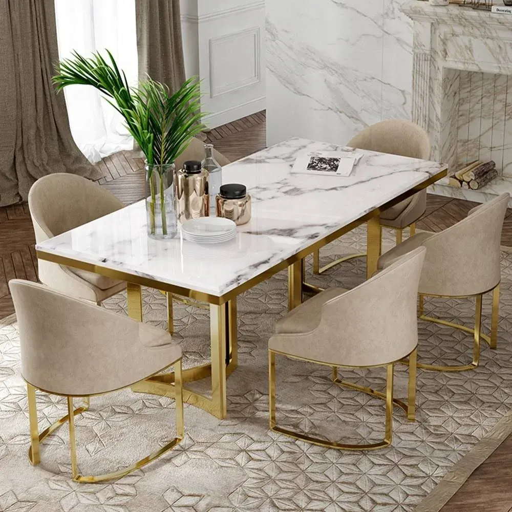 POVISON Marble Dining Table for 6, Modern Dining Room Table 71" for Kitchen & Dining Room, Luxury Black Dining Room Table with Gold Trestle Pedestal(Dining Table Only)