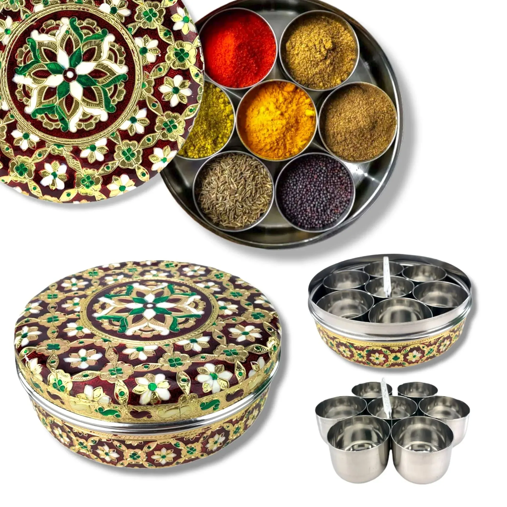 Spice Box, Meenakari Steel Indian, Masala Box, Decorative Kitchen Storage, Spice ...