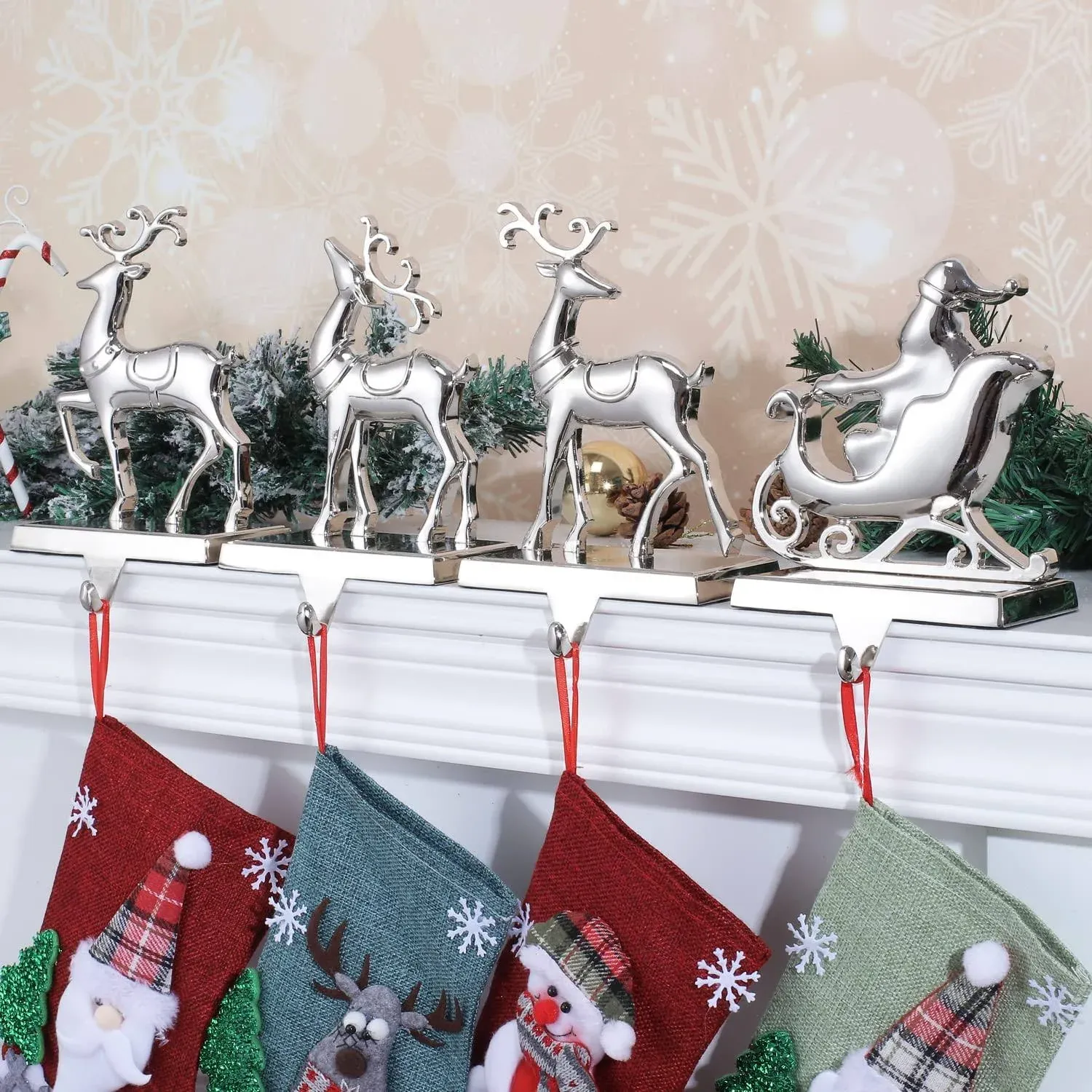 Set of 4 Reindeer Christmas Stocking Holders for Mantel, Deer and Santa Stocking Hangers for Fireplace,Christmas Hanger for Stocking,Metal Stocking