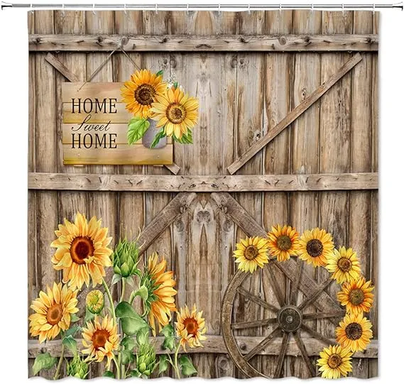 WOZAWA Rustic Sunflower Shower Curtain Farmhouse Vintage Wooden Old Barn Door ...