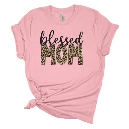 Women s Mother s Day Blessed Mom Leopard Print Short Sleeve T-shirt Graphic Tee-Pink-xl