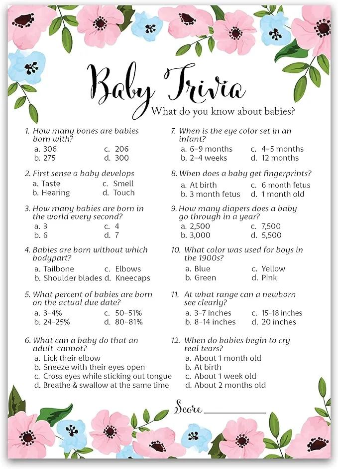 GENDER REVEAL Party Game - BABY TRIVIA Game - Pack of 25 - Pink or Blue Fun Baby Facts Games  Blue or Pink Trivia Gender Neutral Floral Baby Shower Games Activities  Coed Couples Shower  SKU