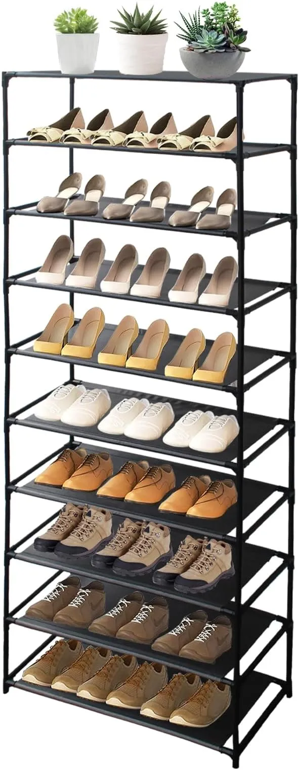 10 Tiers Tall Shoe Rack for Entryway Space Saving Black Metal Stackable w/ Hooks