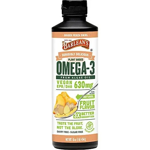 Barlean's Ginger Peach Vegan Omega 3 Supplement, Liquid Algae Oil with 630 mg EPA & DHA, Plant Based Omegas from Algal Oil, Non-GMO & Gluten Free, 16 oz