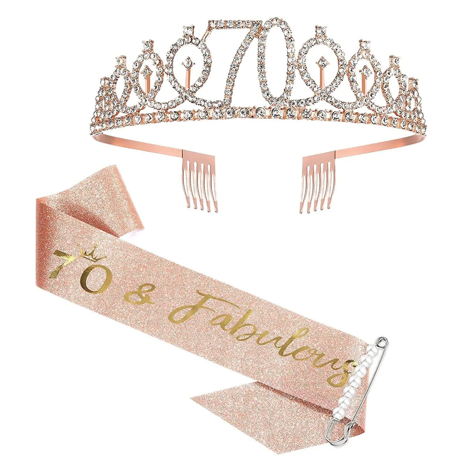 70th Sash & Rhinestone Tiara Set, 70th Birthday Sash and Rose gold crown, Rose Gold Glitter 70th Birthday Sash, 70 and fabulous Sash