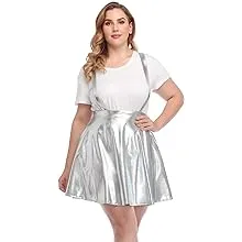 HDE Plus Size Shiny Metallic Suspender Skirt High Waisted Holographic Rave Skirt