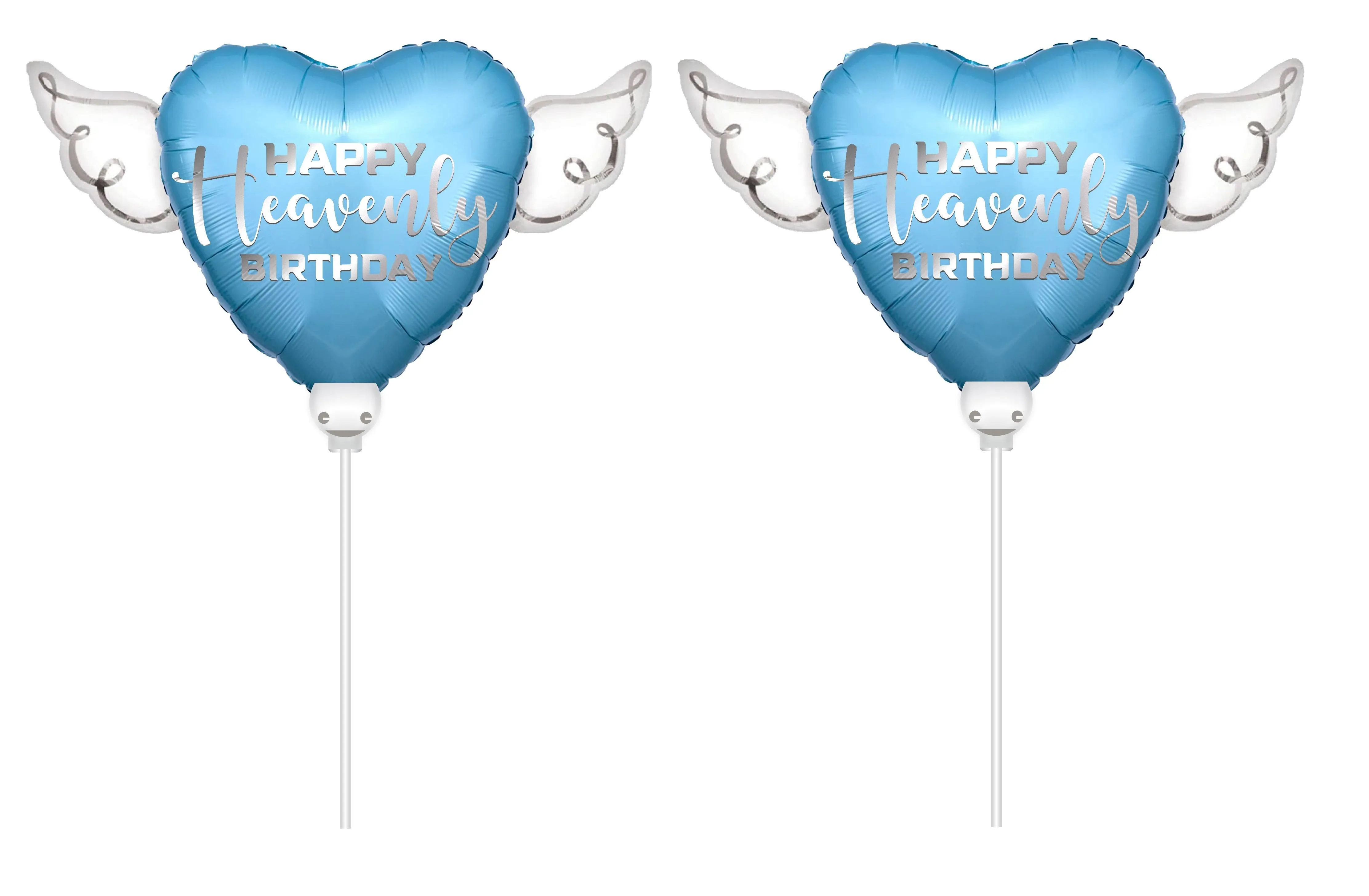 Happy Heavenly Birthday ® blue balloons on a stick heart shaped with angel wings (2 Pack)