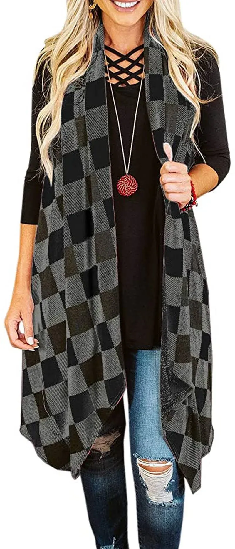 Ivay Womens Plaid Open Front Cardigan Sleeveless Drape Lightweight Vest Coat wit