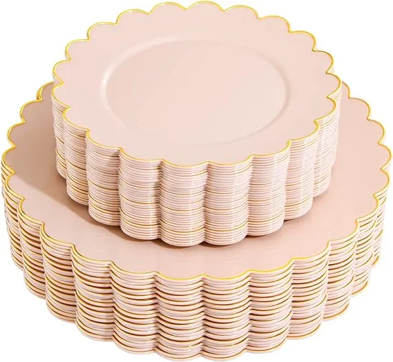 LIYH 60pcs Pink Plastic Plates with Gold, Disposable Plastic Plates Includes: 30 Pink Dinner Plates 10.25" and 30 Pink Dessert Plates 7.5" Gold Plastic Plates,Baby Shower Plates Daisy Plates