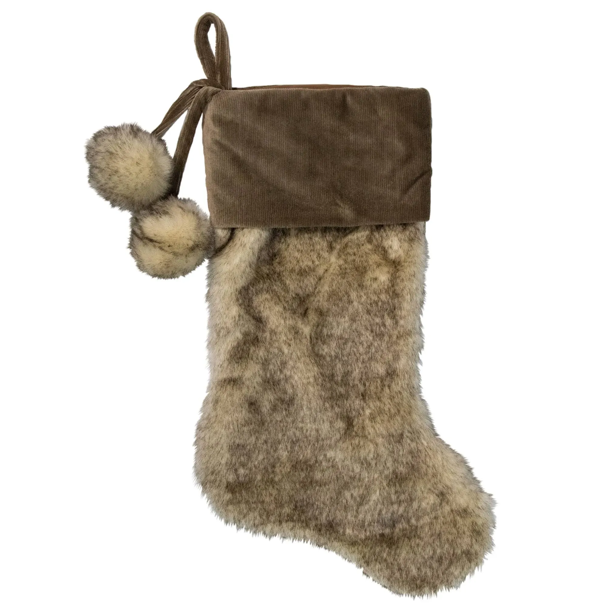 20.5" Brown Plush Christmas Stocking with Corduroy Cuff and Pom Poms