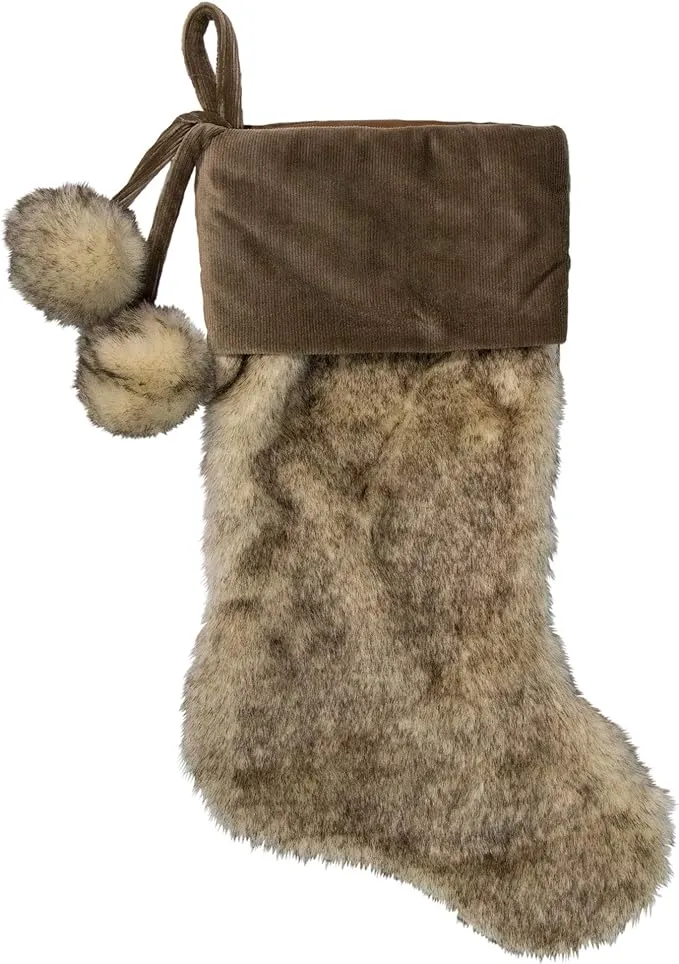 Northlight 20.5-Inch Brown Christmas Stocking with Corduroy Cuff and Pom Poms