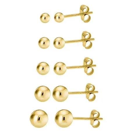 14K Gold over 925 Silver High Polish Smooth Round Ball Stud Earring 5-Size Set - 2mm 3mm 4mm 5mm 6mm