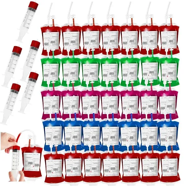 25 Packs Halloween Blood IV Bags for Drinks Reusable Energy Container Juice Pouch Prop for Zombie Theme Party Decoration with Syringe and Clips, 12.6 fl.oz (25pcs Bag, 25 Label, 2 Syringes)