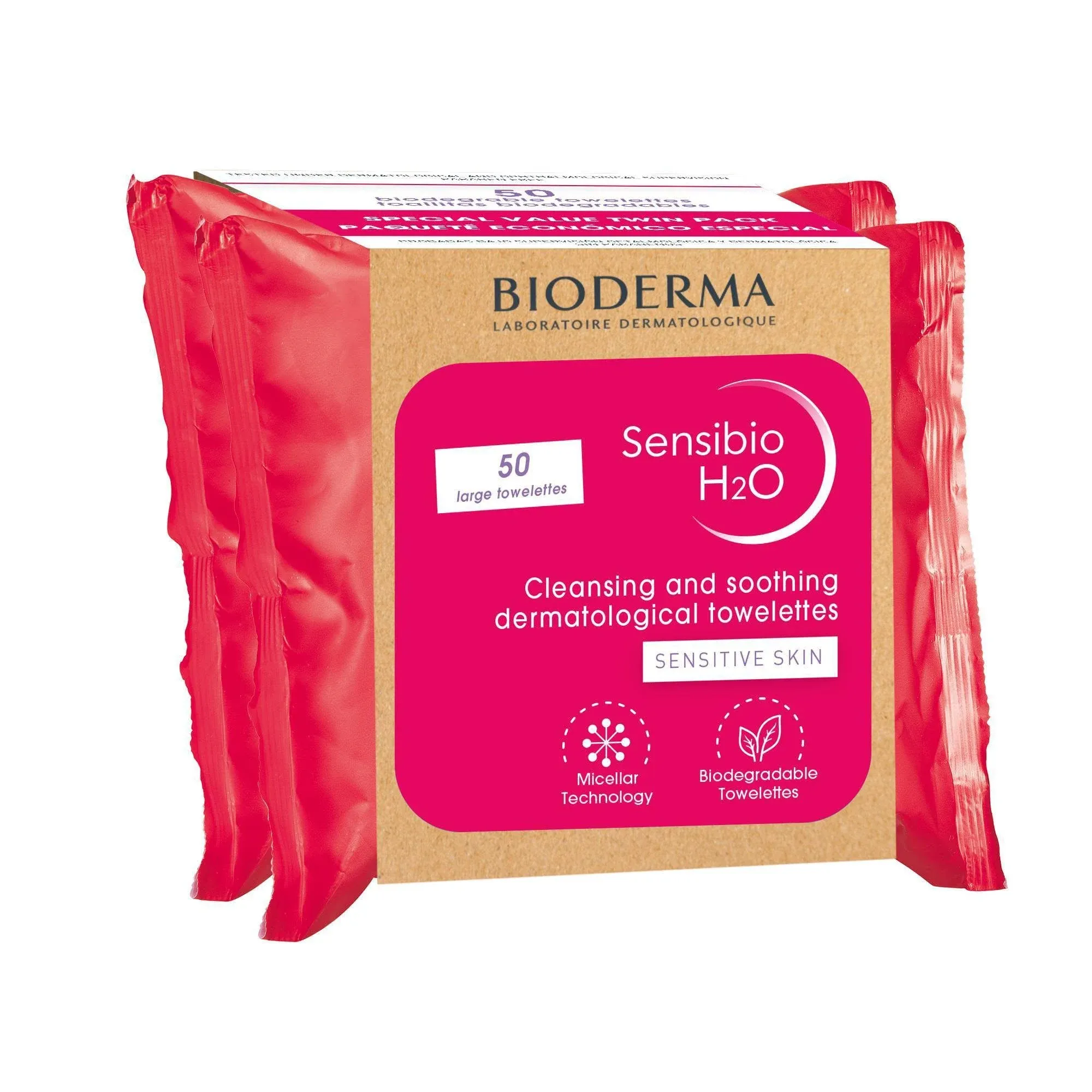 Bioderma Sensibio H2O Biodegradables Wipes Cleansing and MakeUp Removing Skin Soothing for Sensitive Skin, 50 Count