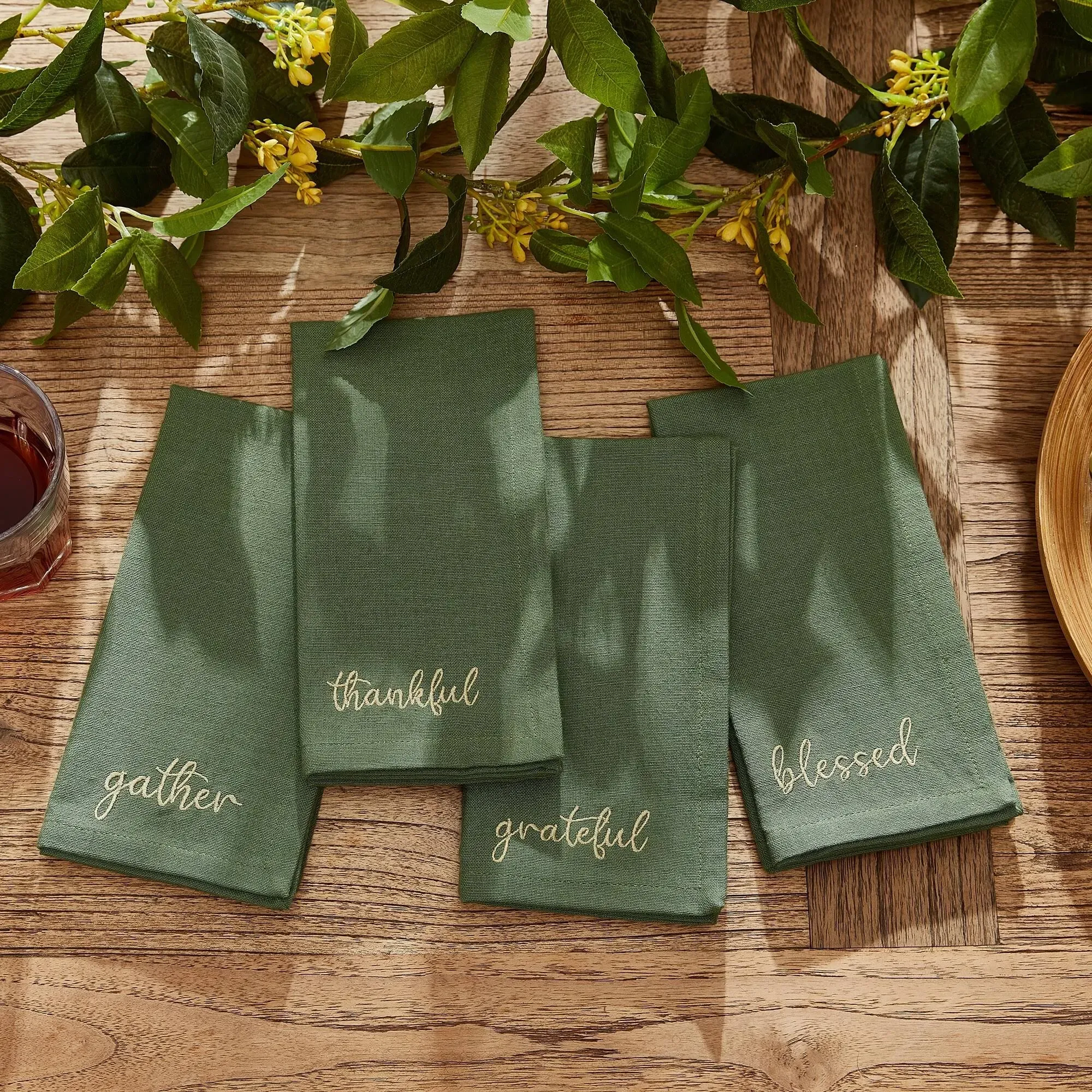 Elrene Home Fashions Harvest Fall Sentiment Embroidered Napkins, Set of 4, 17"x17", Brown 