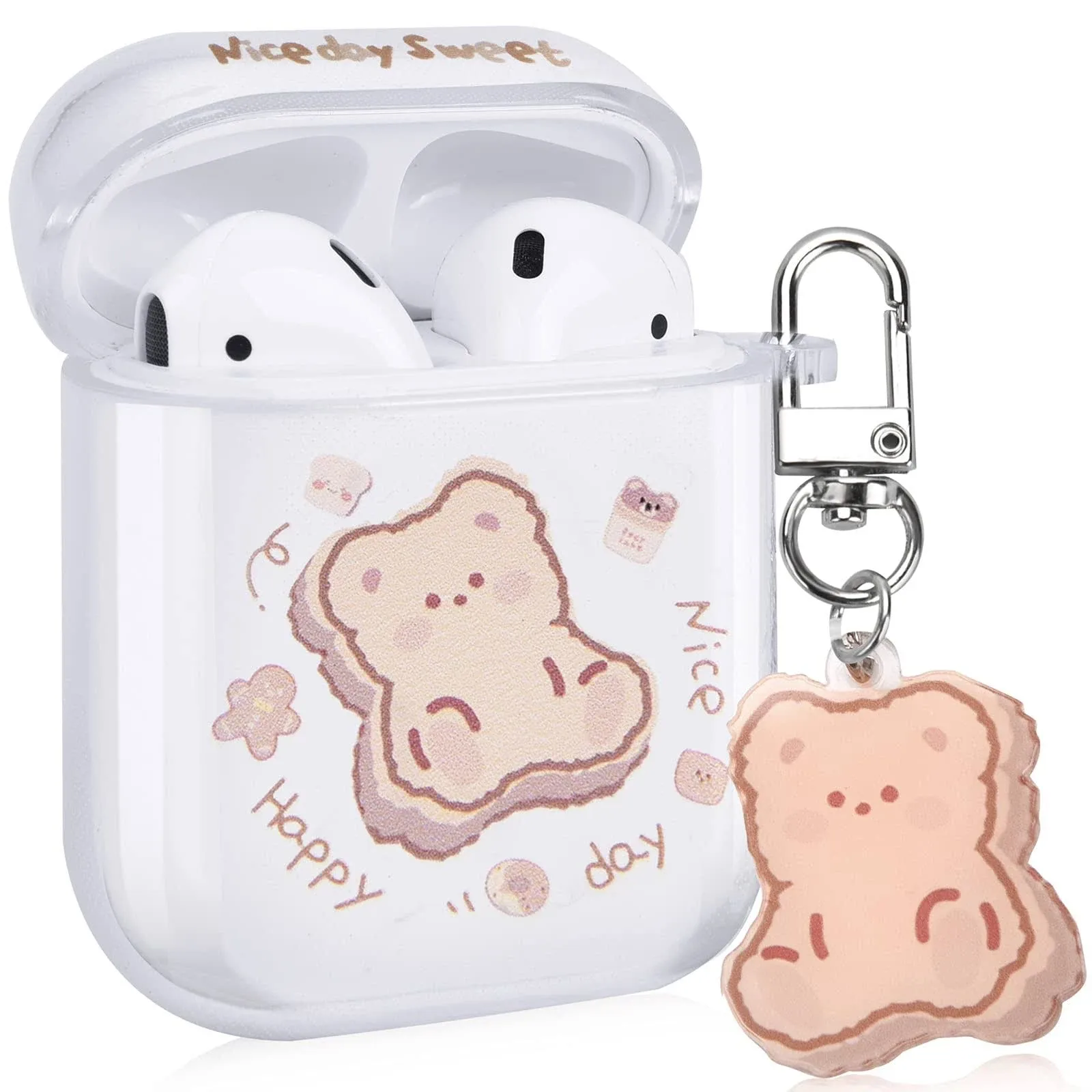 Clear AirPods Case with Bear Keychain Cute Cartoon Bear Design Full Protective ...