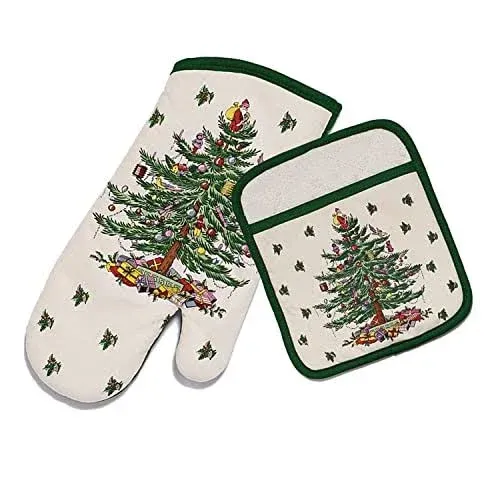 Spode Christmas Tree Pot Holder & Oven Mitt Set