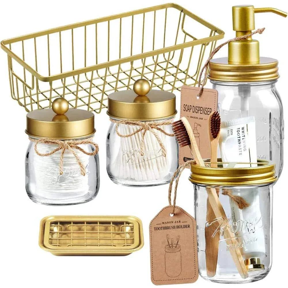 Dyiom Premium Mason Jar Bathroom Accessories Set (6-Pieces) Gold