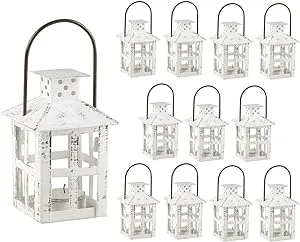 Kate Aspen Mini Decorative Lanterns - Set of 12 - Vintage Metal Lantern Candle Holders for Wedding Centerpiece, Home Decor and Party Favor (White)