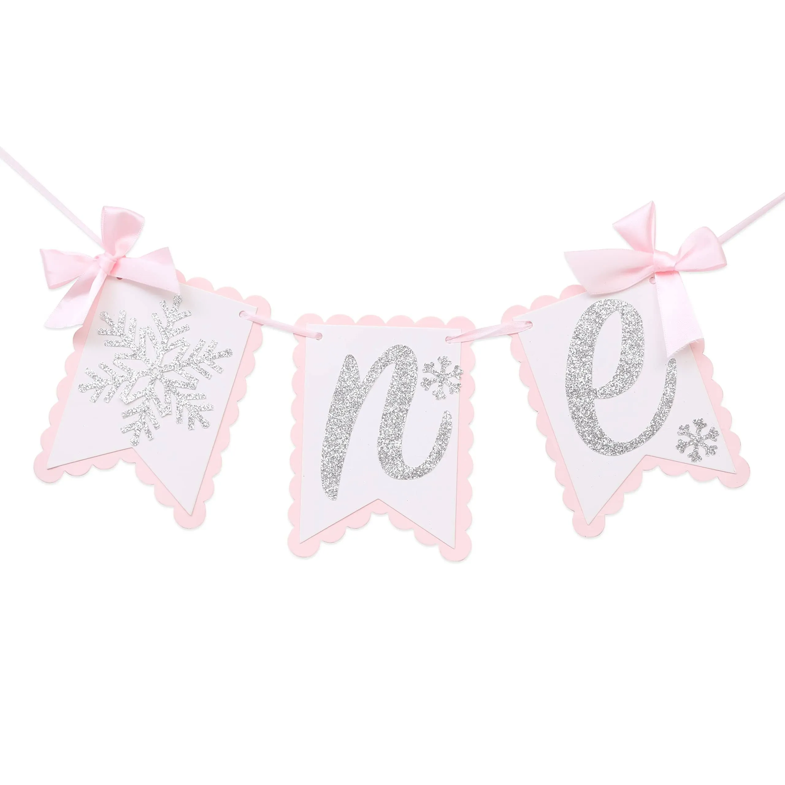 Winter Onederland High Chair Banner for 1st Birthday - Snowflake Banner, Silver Glitter and Pink Birthday Party Decorations for Baby Girls, Cake Smash Props