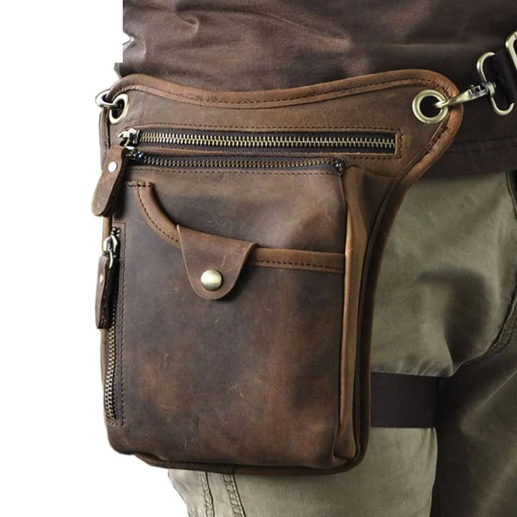 DROP LEG BAG Leather Waist Pack Belt Bumbag Pouch for Men Women Brown HEBETAG