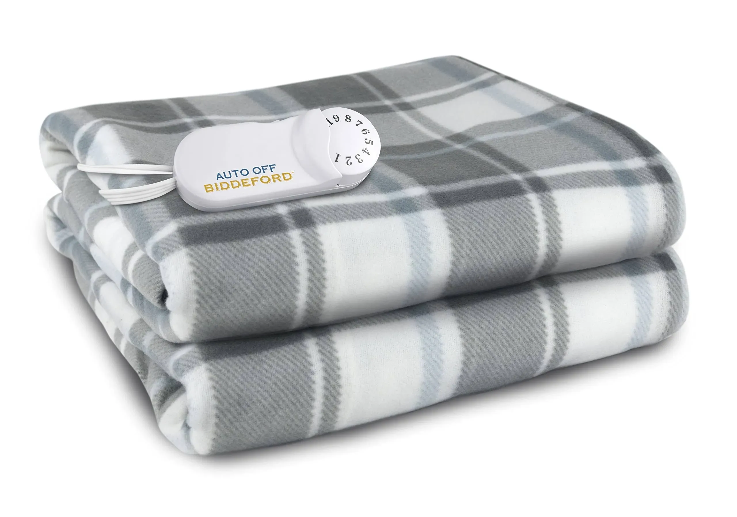 Biddeford Comfort Knit Fleece Electric Heated Warming Throw Blanket Grey Cream Blue Plaid