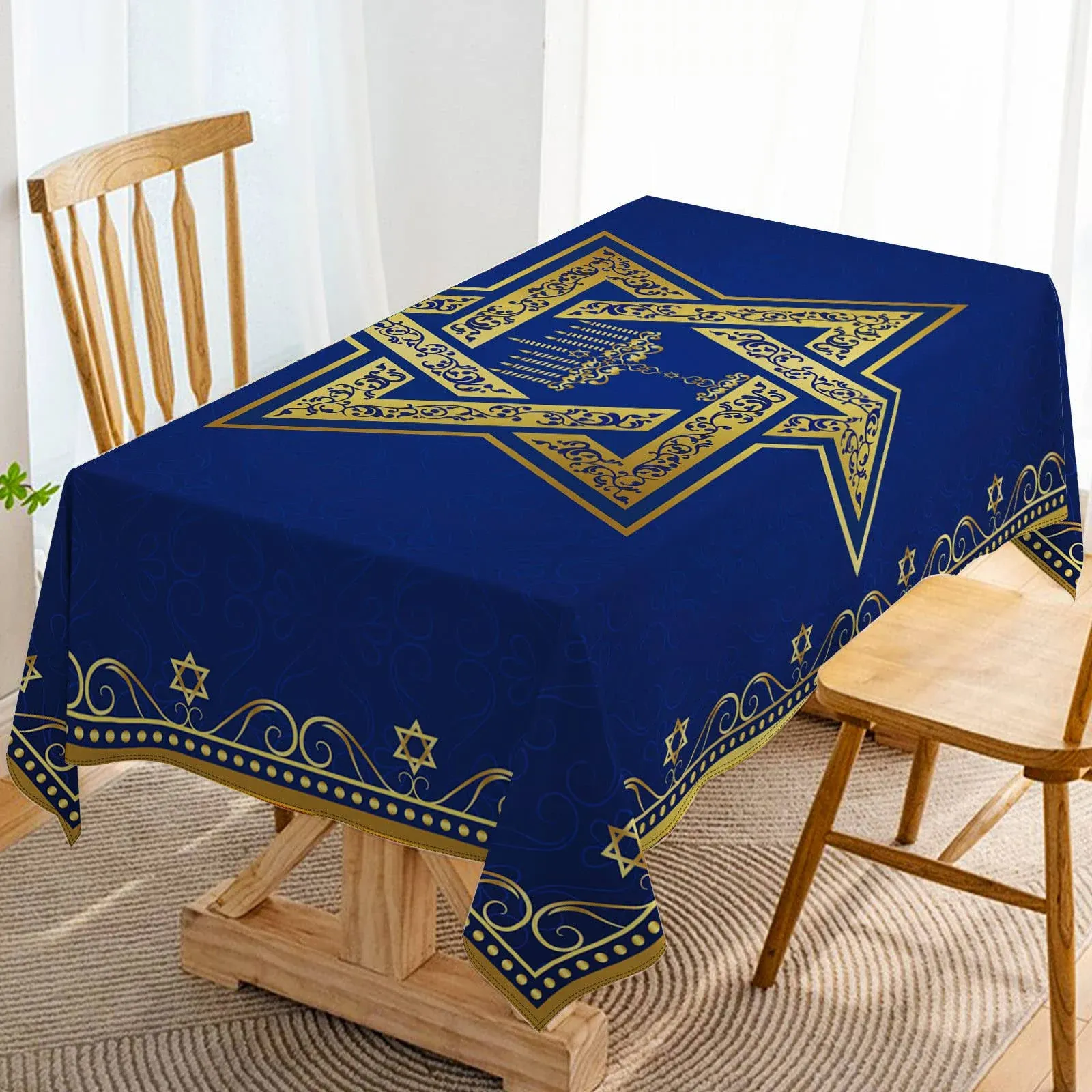 Passover Hanukkah Tablecloth Jewish Chanukah Star of David Table Decoration Menorah Festival Day Home Kitchen Dining Room Indoor Outdoor Table Decor-60×84inch