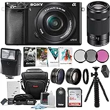 Sony Alpha a6000 24.3MP Mirrorless Camera 16-50mm & 55-210mm Zoom Lens (Black) and 64GB Accessory Bundle