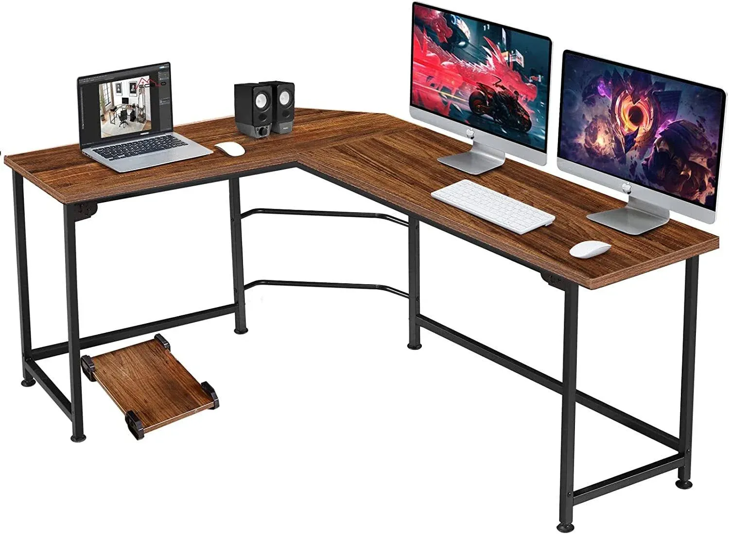 VECELO 66 Inch L-Shaped Computer Desk Home Office Desk With Cpu Stand/Pc Laptop Study Writing Table For Home Office Workstation Wood & Metal,Walnut