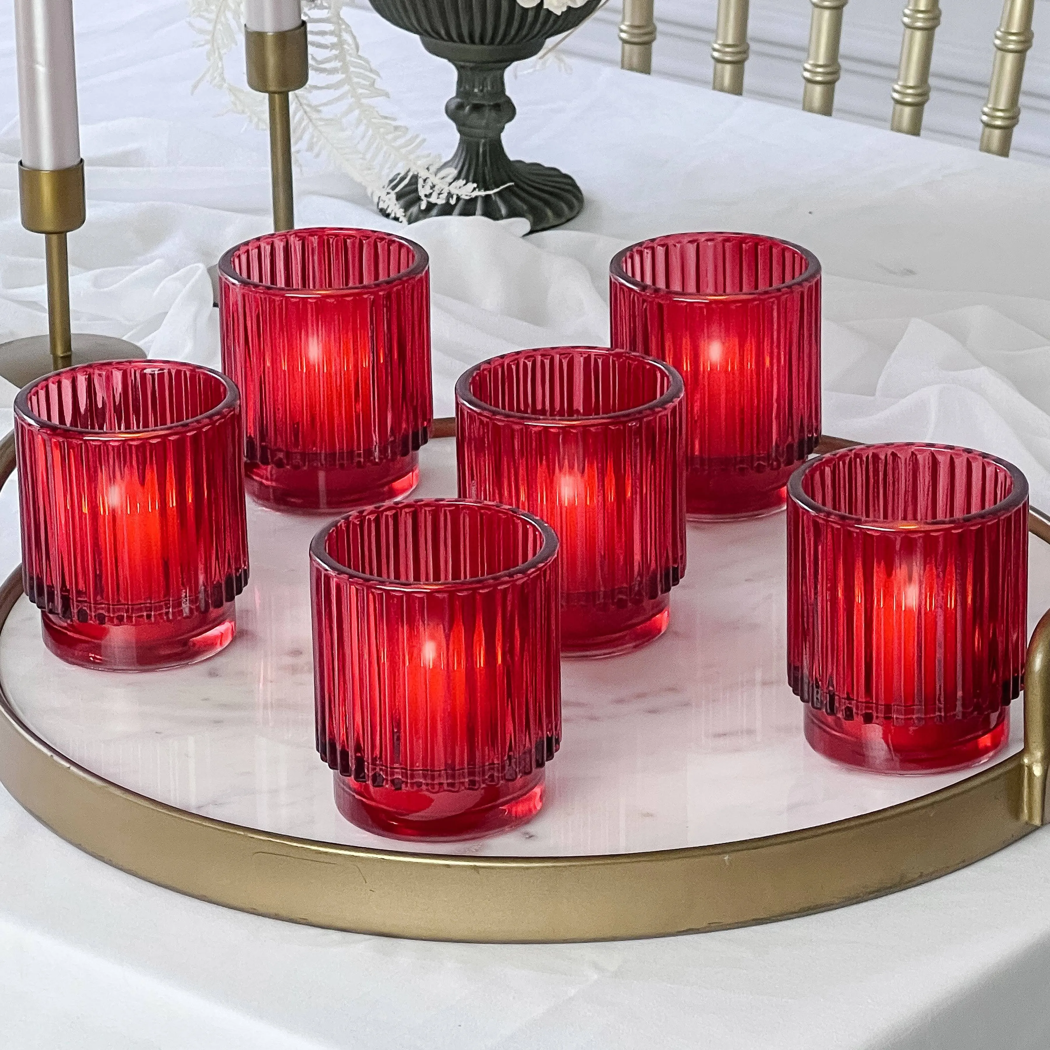 Kate Aspen Ribbed Red Glass Votive Candle Holder (Set of 6)