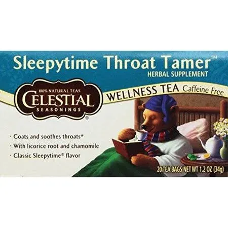 Celestial Seasonings‏, Wellness Tea, Sleepytime Throat Tamer, נטול קפאין, 20 שקיקי תה, 34 גרם (1.2 אונקיות)