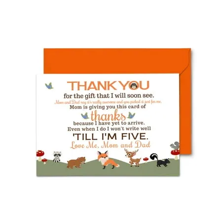 Woodland Baby Shower Thank You Cards (15 Pack) Babies Notecards with Envelopes – Printed Note of Thanks from Boy or Girl – Rustic Forest Animals – Orange Stationery Set 4x6 - Paper Clever Party