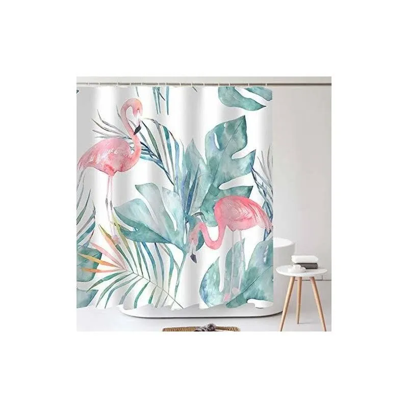 Tropical Pink Flamingo Shower Curtain With Hooks Teal Palm Leaves Modern Style W