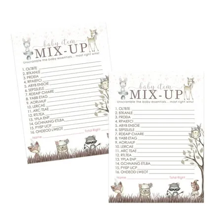 Girls Woodland Baby Shower Word Scramble Game Cards (25 Pack) Word Jumble Games Pink Rustic Animal Flower Printed 5x7 Size Set Paper Clever Party