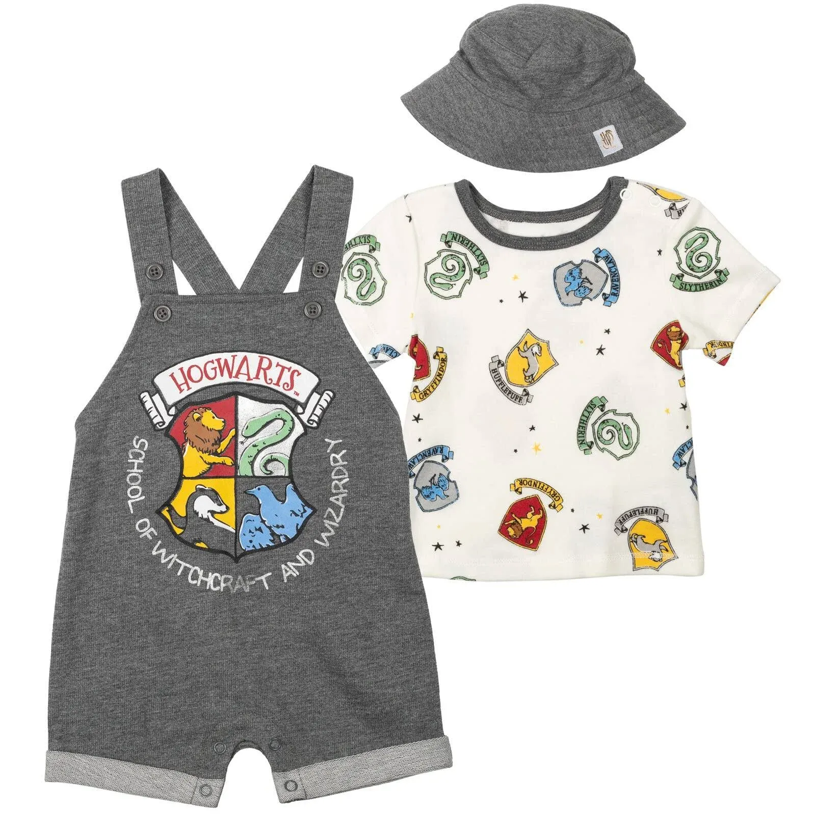 Harry Potter Newborn Baby Boys French Terry Short Overalls T-Shirt and Hat 3 ...