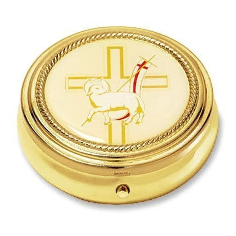 Holy Lamb of God w Latin Cross Design Gold Plate Catholic Religious Hospital Church Communion Pyx for Hosts