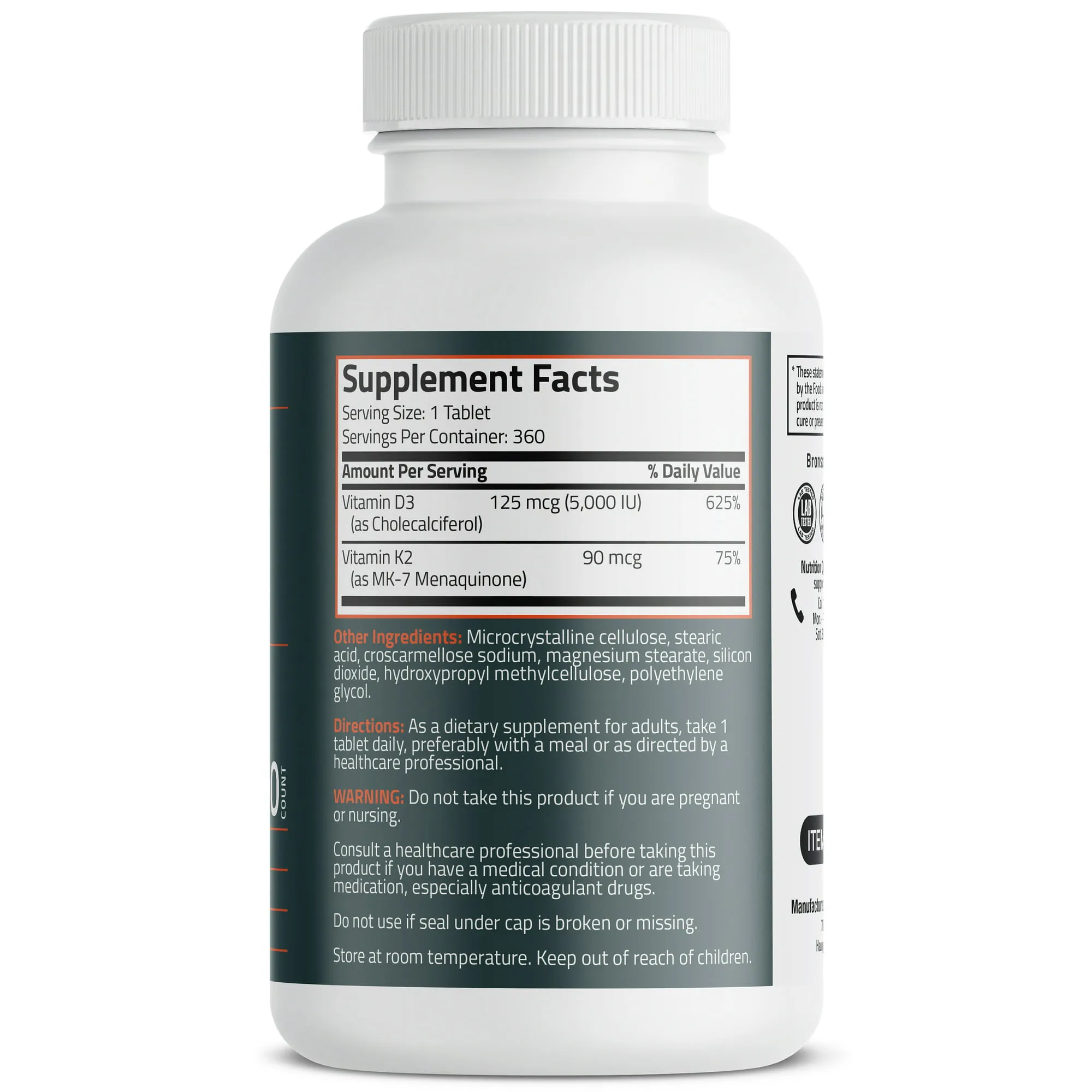 Bronson Vitamin K2 (MK7) with D3 Supplement Non-GMO Formula 5000 IU Vitamin D3 & 90 mcg Vitamin K2 MK-7 Easy to Swallow Vitamin D & K Complex, 360 Capsules