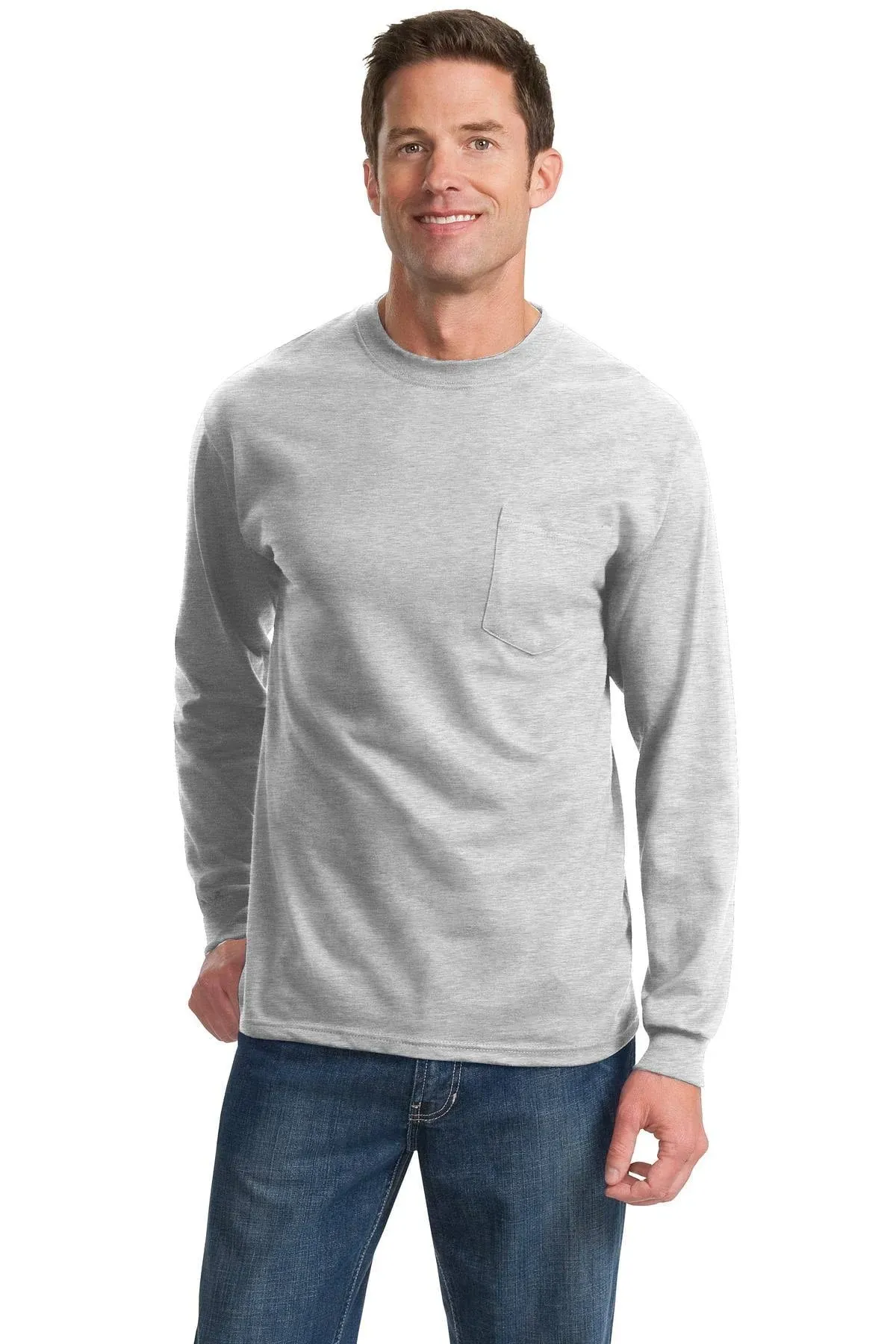 Port & Company Mens Essential Long Sleeve Crewneck T-Shirt w/ Pocket - White