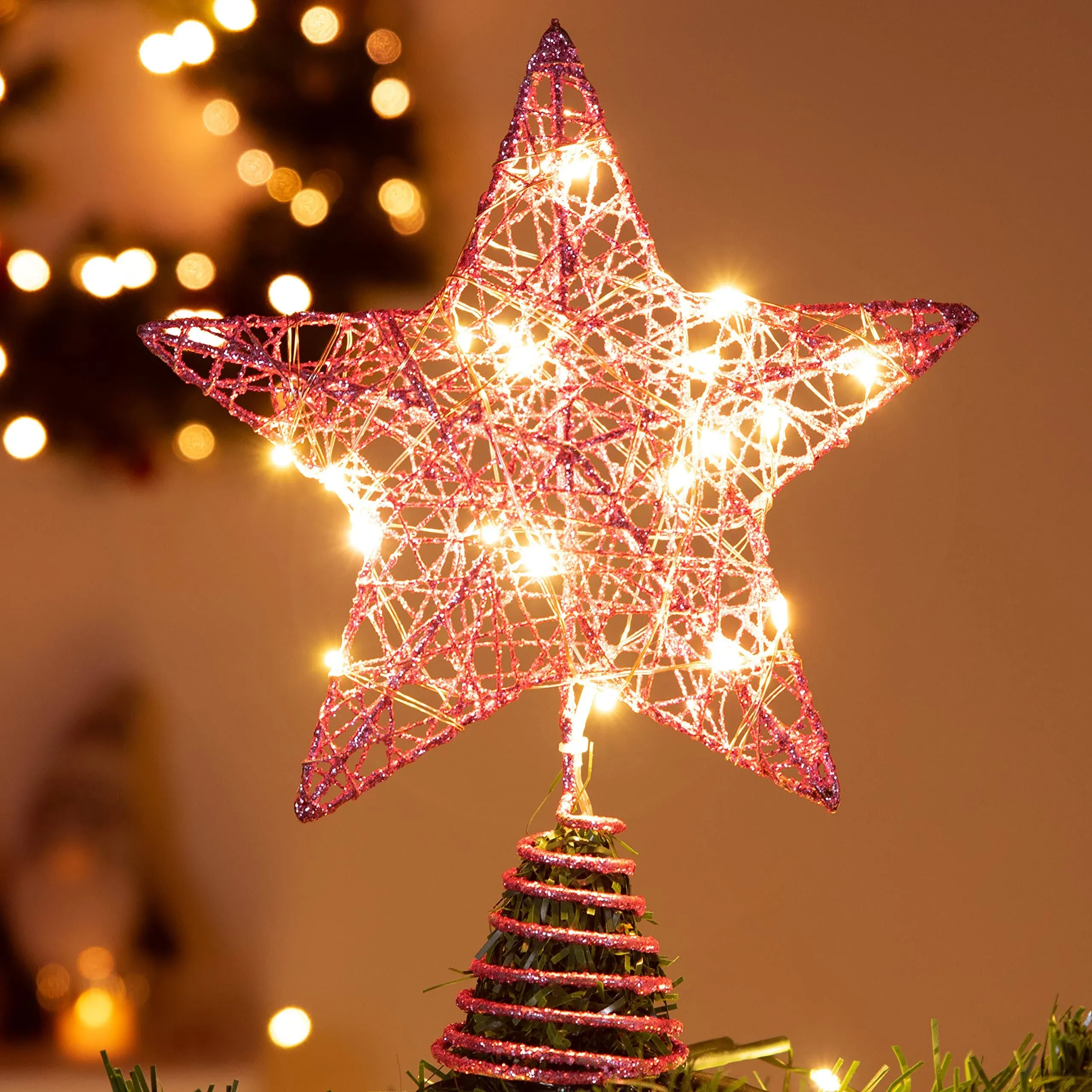 Joiedomi Christmas Tree Toppers, Battery Powered Glitter Pink Star Tree Topper Lighted with 20 LED Warm White Lights for Xmas Tree Decorations, Holiday Party Indoor Decor