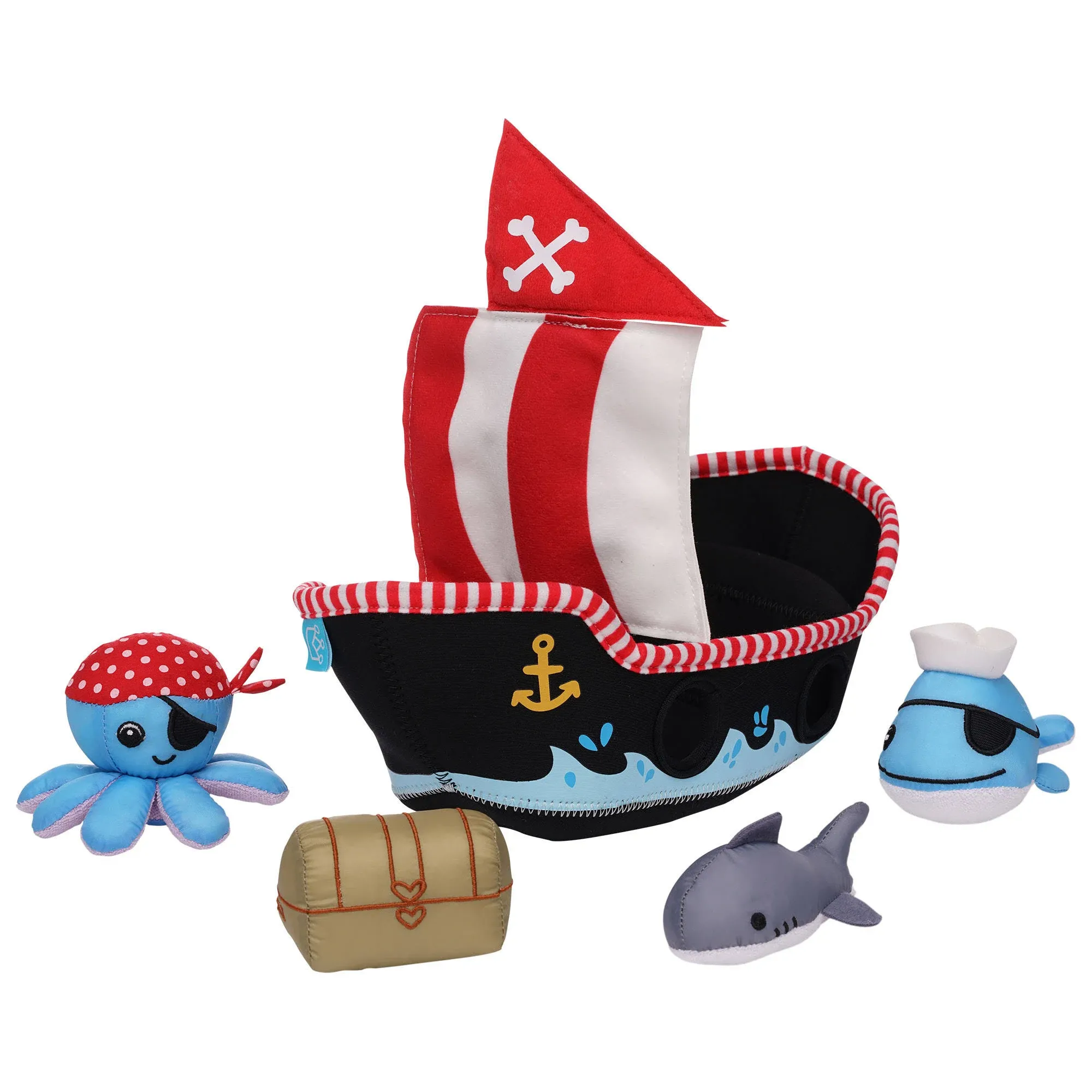 Manhattan Toy Neoprene Pirate Ship 5 Piece Floating Spill n Fill Bath Toy with Quick Dry Sponges and Squirt Toy