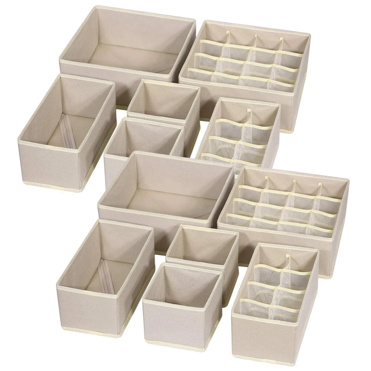 12 Pack Foldable Drawer Organizer Dividers Cloth Storage Box Closet Dresser Organizer Cube Fabric Containers Basket Bins for Underwear Bras Socks Panties Lingeries Nursery Baby Clothes Beige