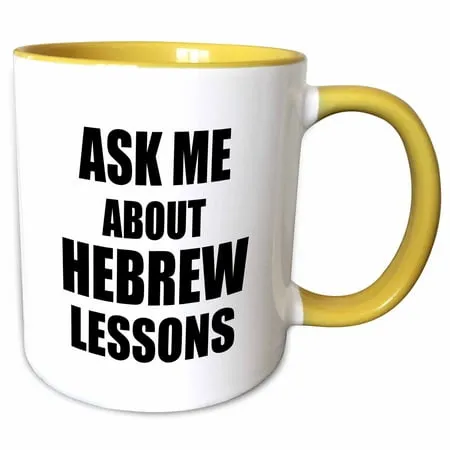 3dRose Ask me about Hebrew Lessons - advertising language teacher tutor - promoting advert - advertise job - Two Tone Yellow Mug 11-ounce