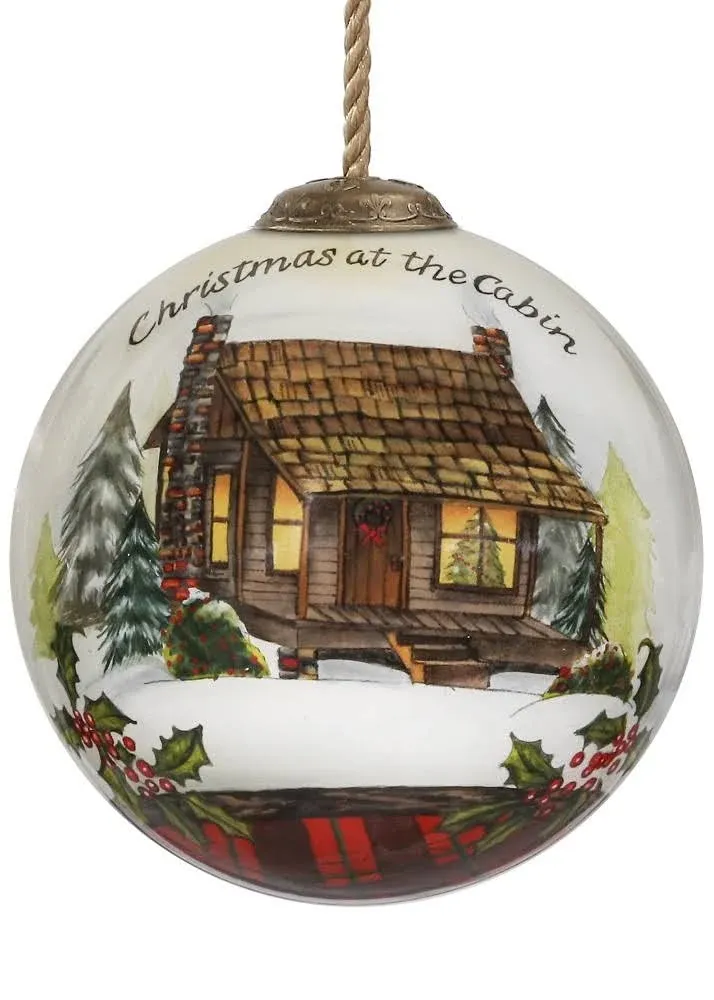 Christmas at the Cabin Hand Painted Glass Ornament