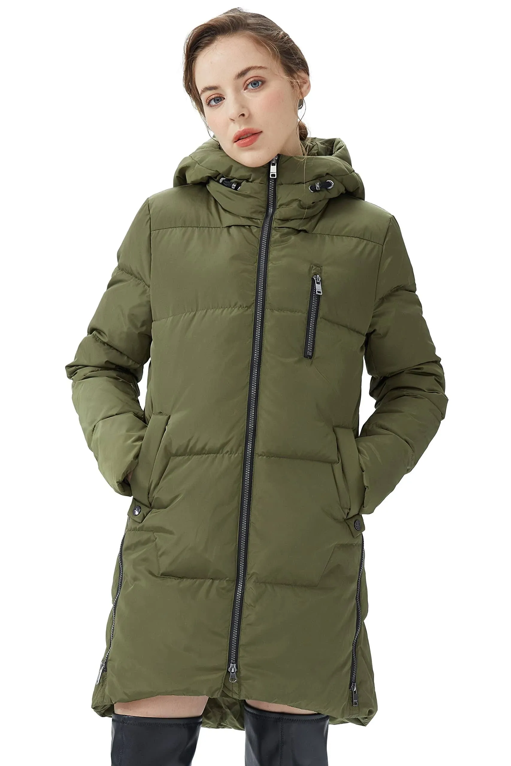 Orolay Women's Stylish Down Jacket Hooded Winter Coat Two-Way Zipper Puffer Jacket