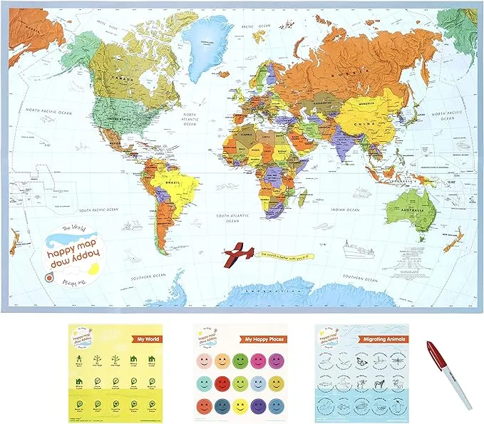 The World Happy Map - Laminated with Reusable Stickers by Whole Wide World Toys