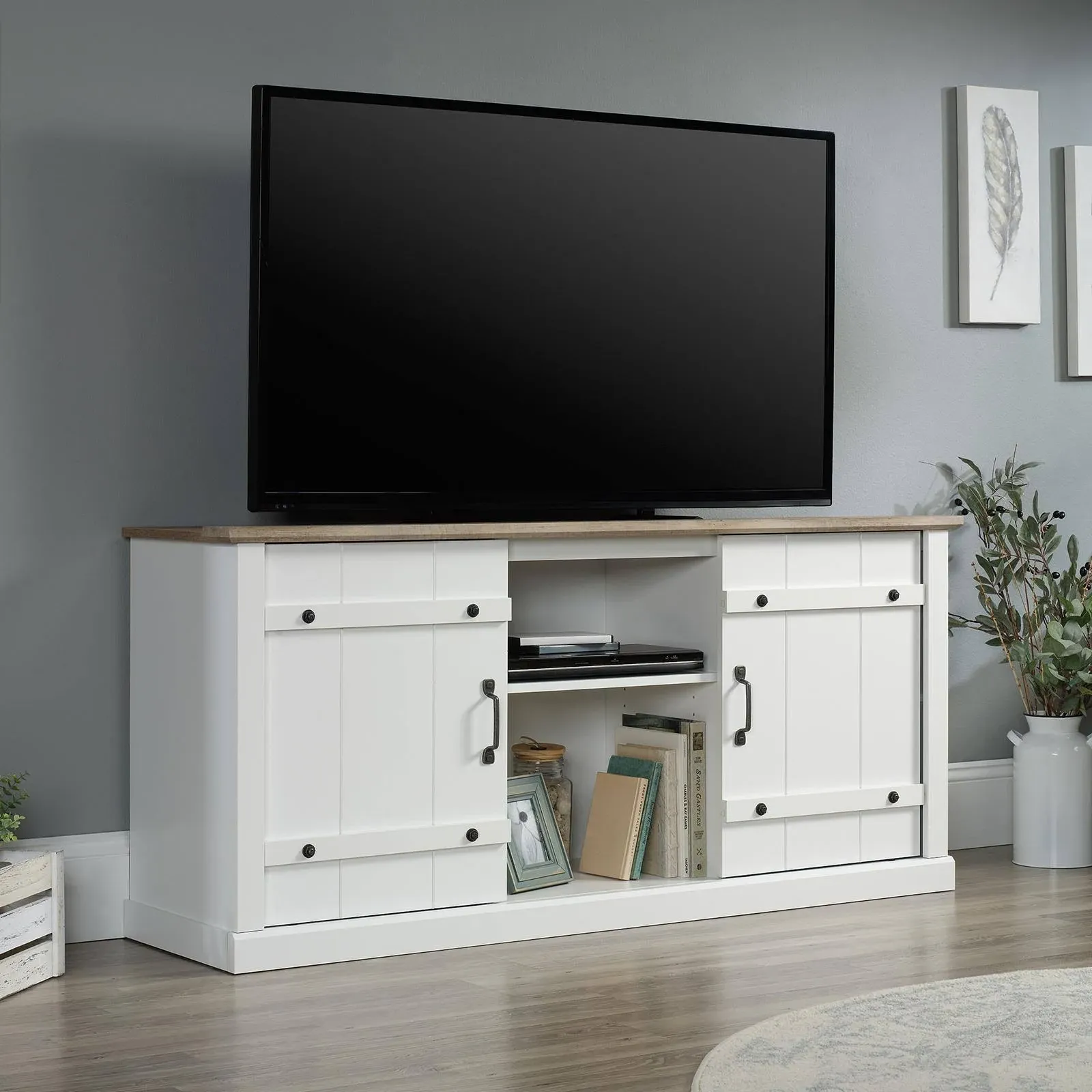 Sauder Miscellaneous Entertainment Farmhouse TV Stand, for TVs up to 70", Soft White Finish