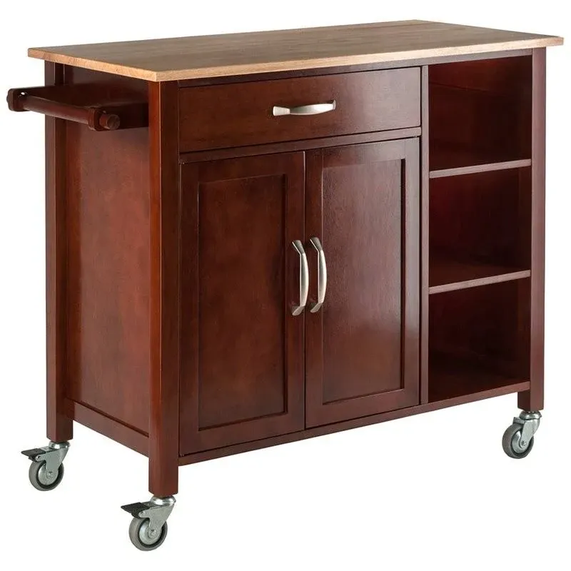 Pemberly Row 35.43&#034;H Transitional Solid Wood Kitchen Cart in Walnut/Natural