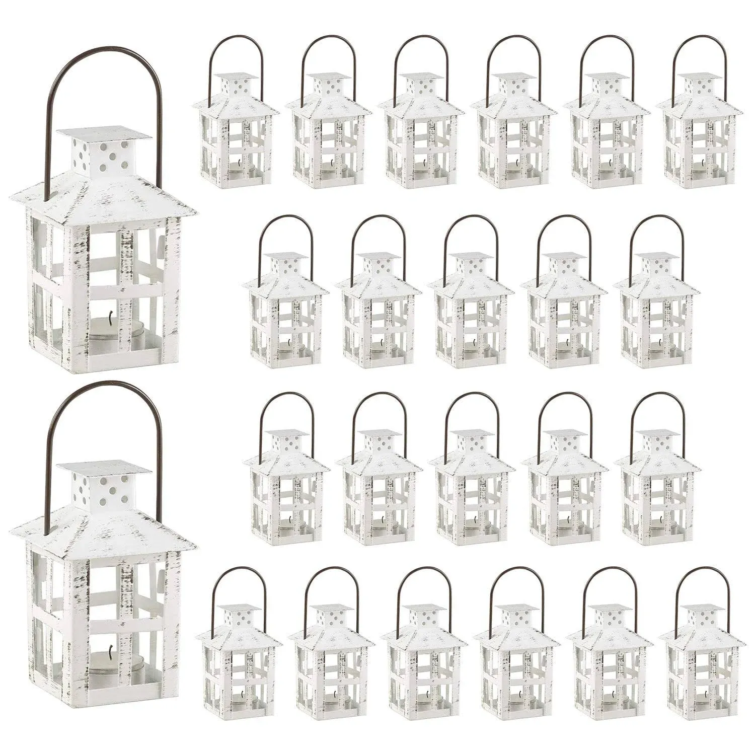 Kate Aspen Mini Decorative Lanterns - Set of 24 - Vintage Metal Lantern Candle Holders for Wedding Centerpiece, Home Decor and Party Favor (White)