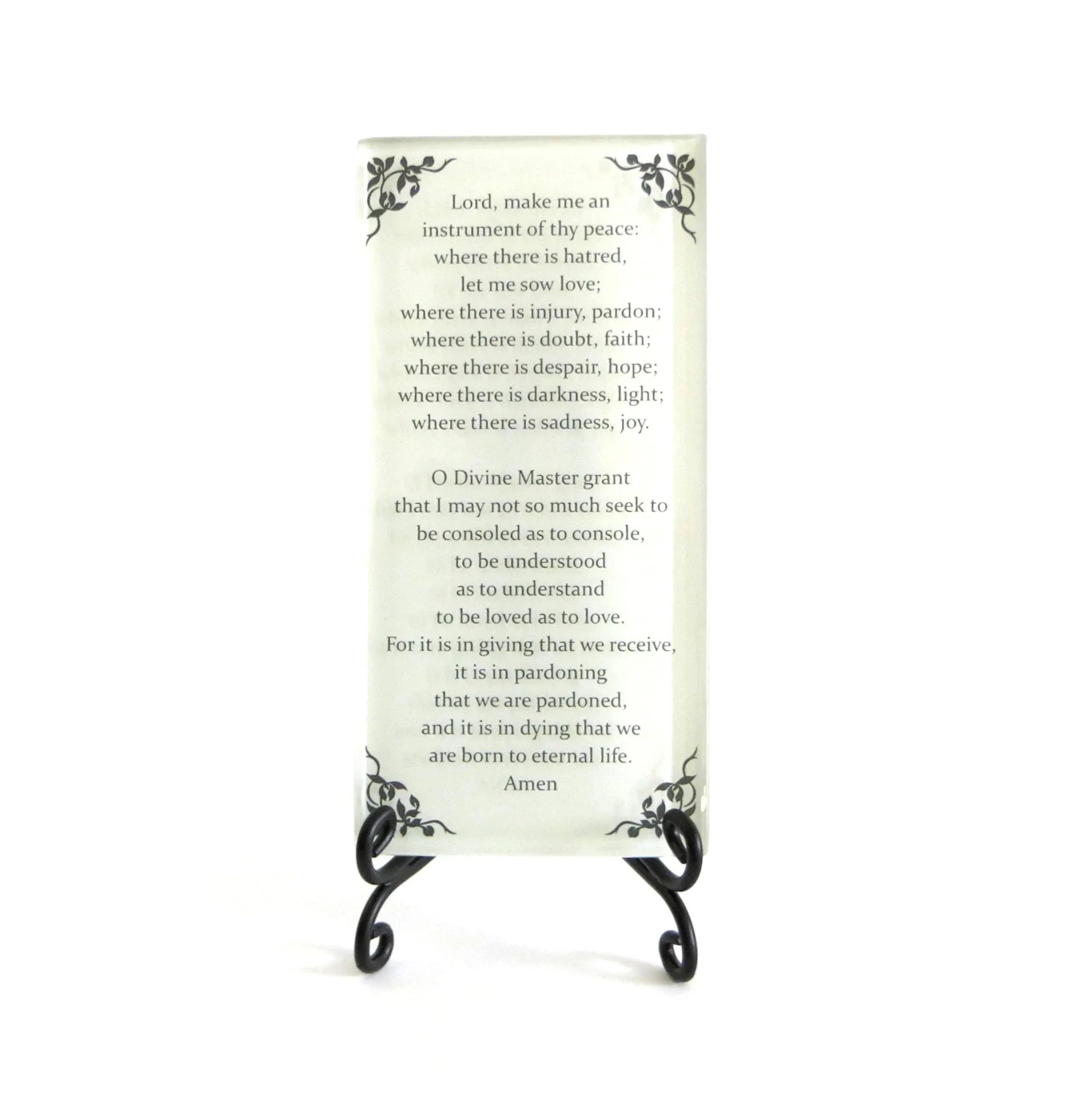 The Prayer of St. Francis Inspirational Glass Plaque. Beloved Prayer Provides Encouragement For All. Includes Folding Easel. By Lifeforce Glass. White.