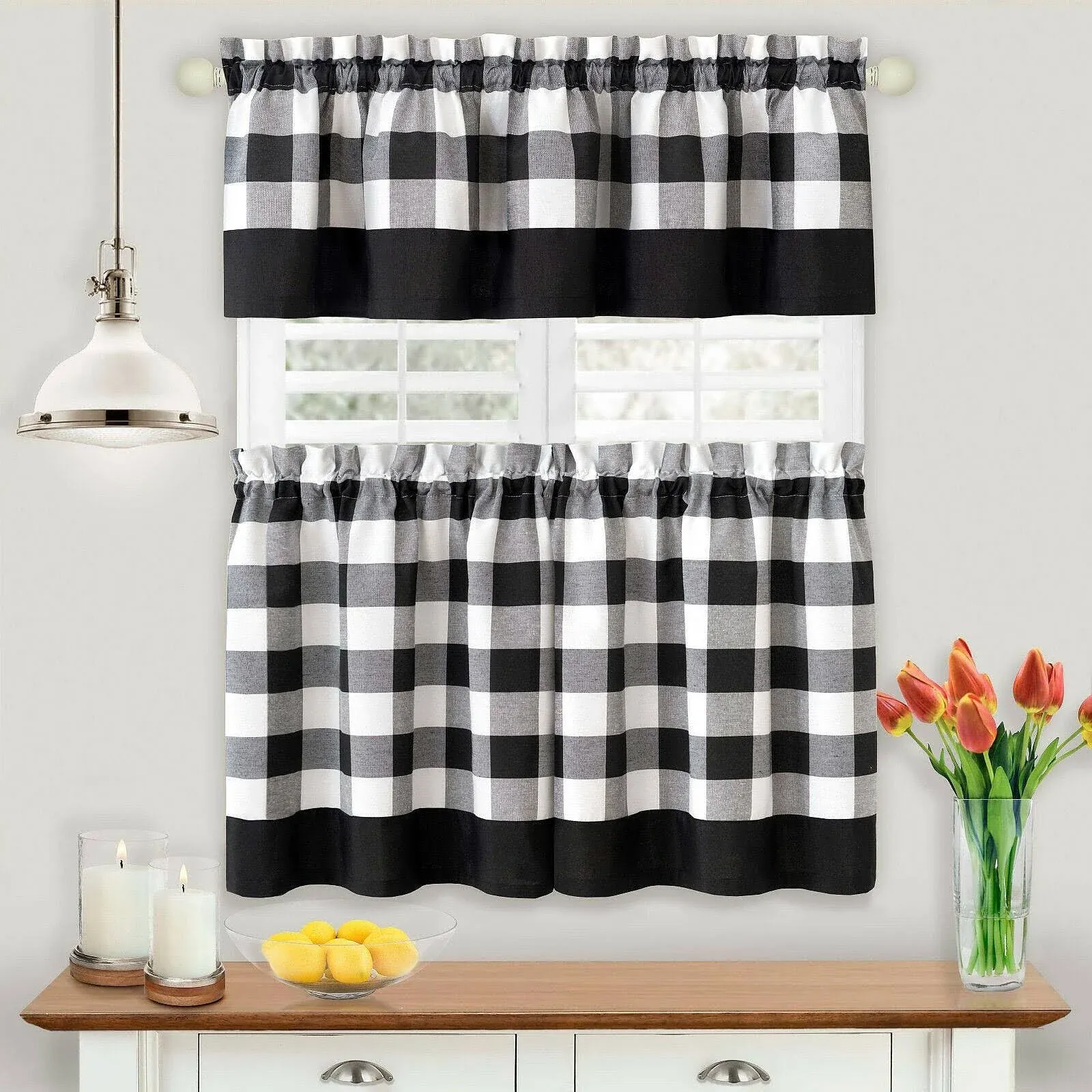 Kitchen Curtains and Valances Set, Classic Country Plaid Checkered Premium Cotton Blend, Cafe Curtains Tier & Valance Set, Rod Pocket, 57" x 24", Beige